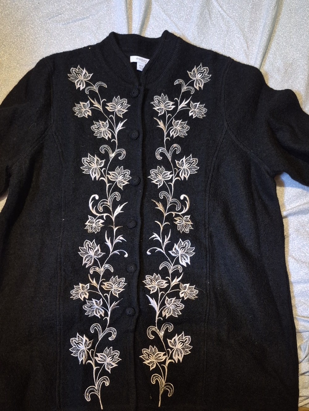 dressbarn Black Cardigan with Cream Floral Embroidery